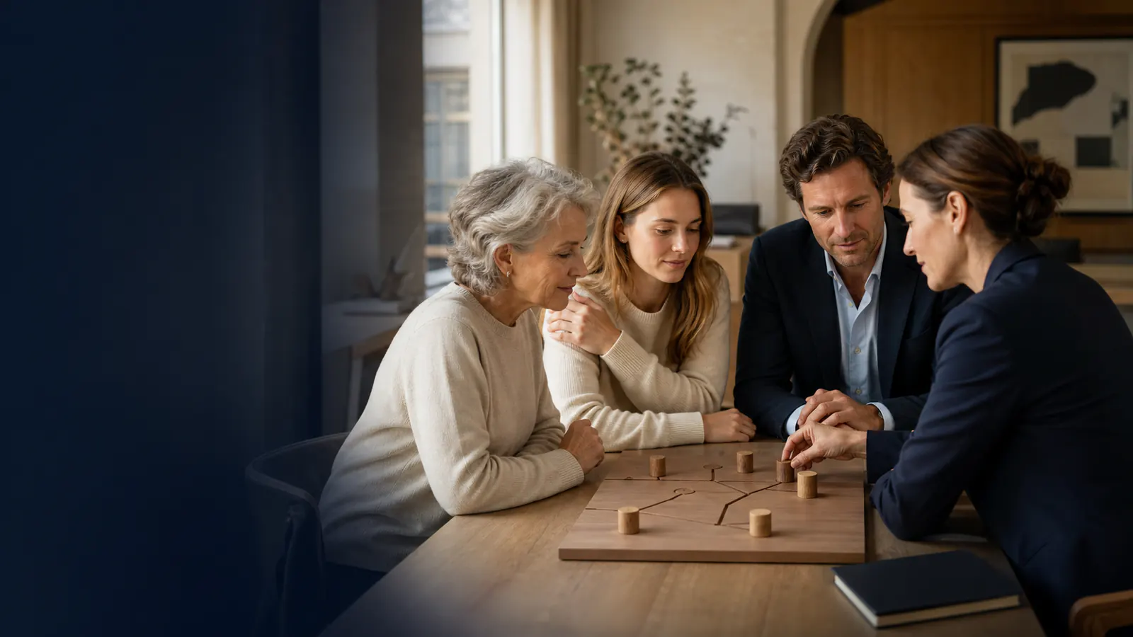 Trois générations d’une famille travaillent avec une conseillère sur leur gouvernance.
