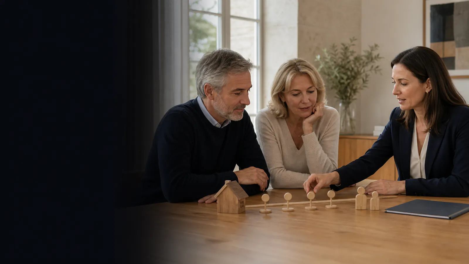 Un couple prépare une stratégie fiscale et successorale avec une conseillère.