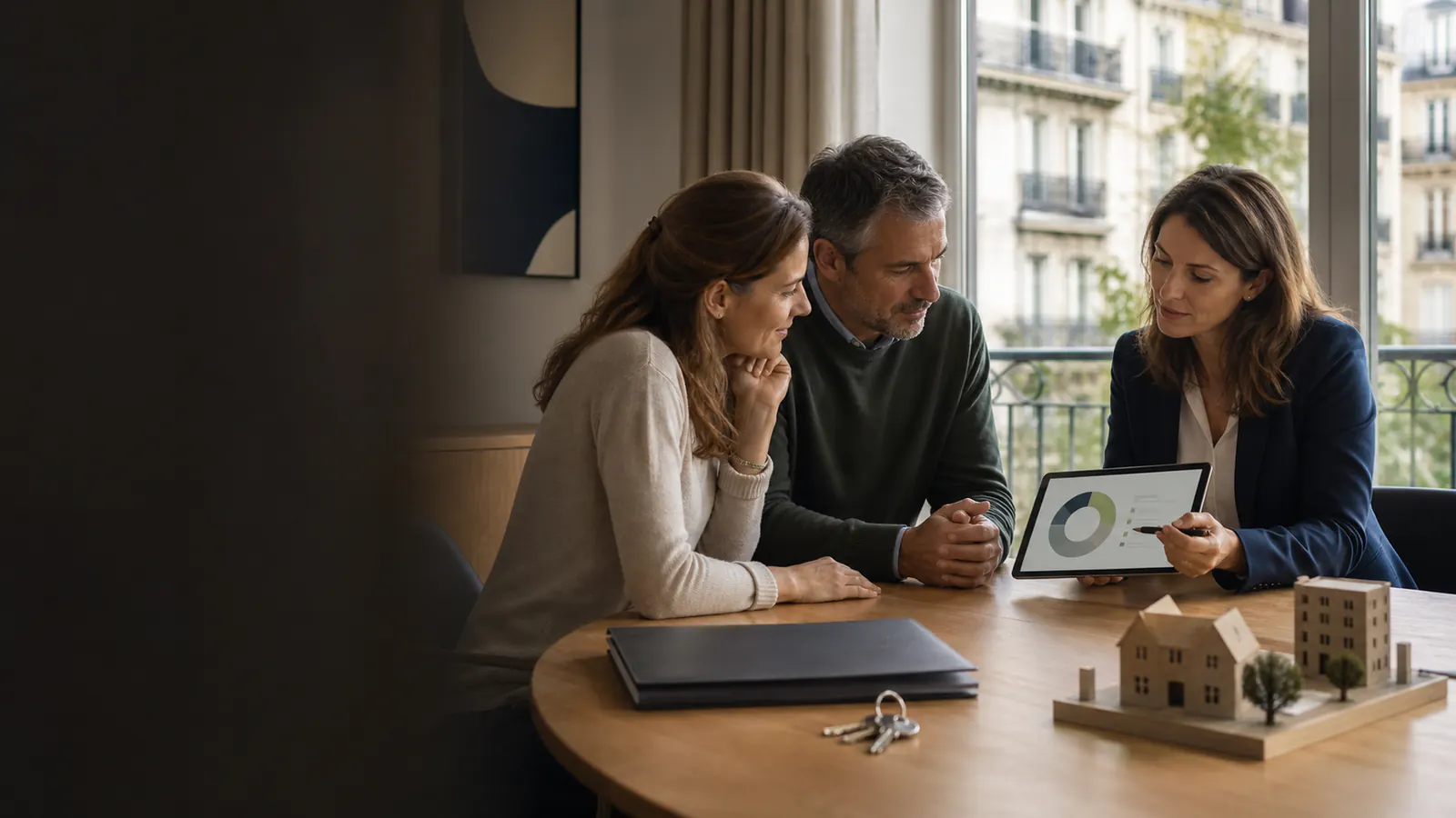 Une conseillère présente une allocation patrimoniale à un couple.