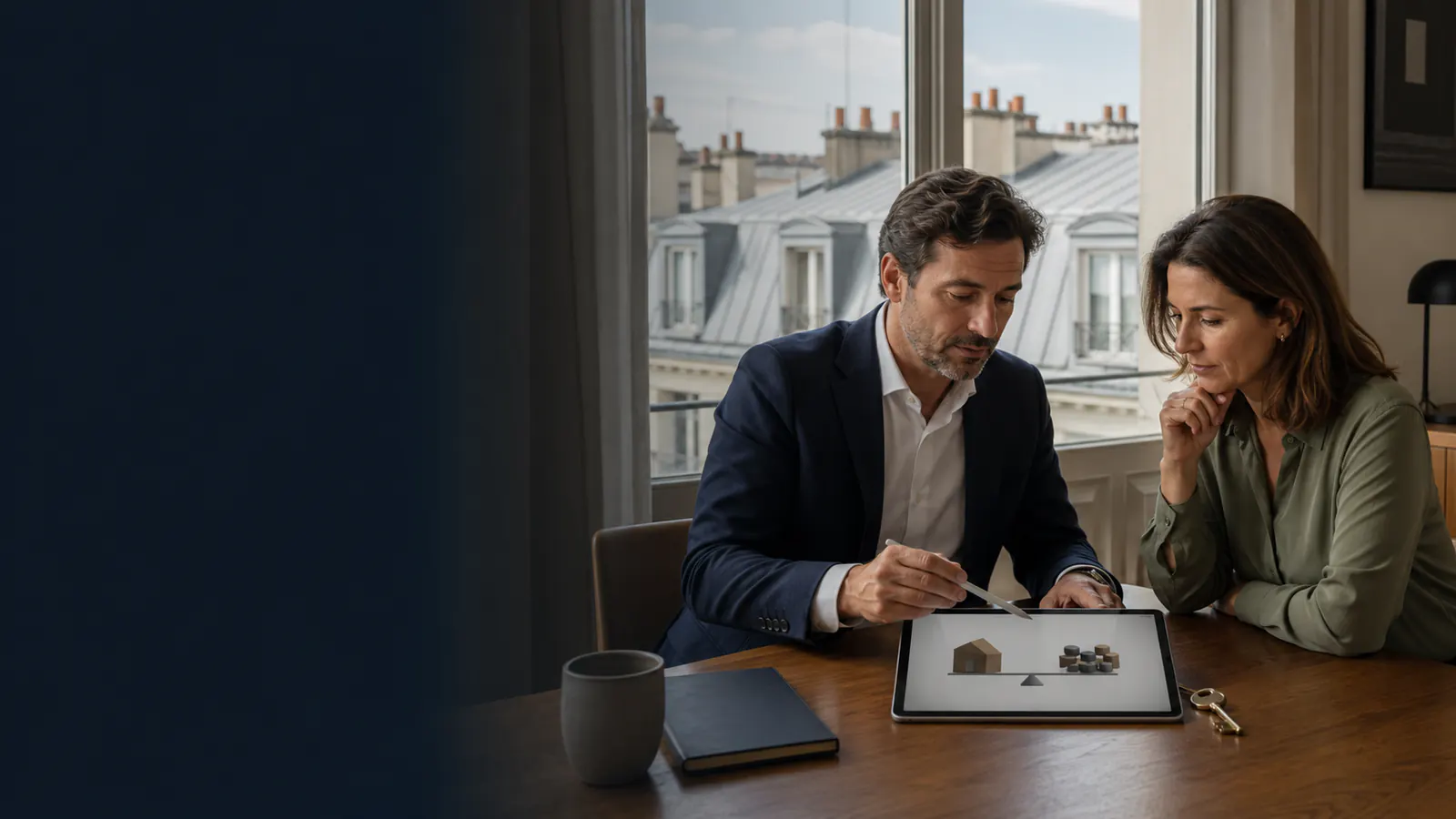 Une cliente et son conseiller équilibrent un patrimoine immobilier parisien.