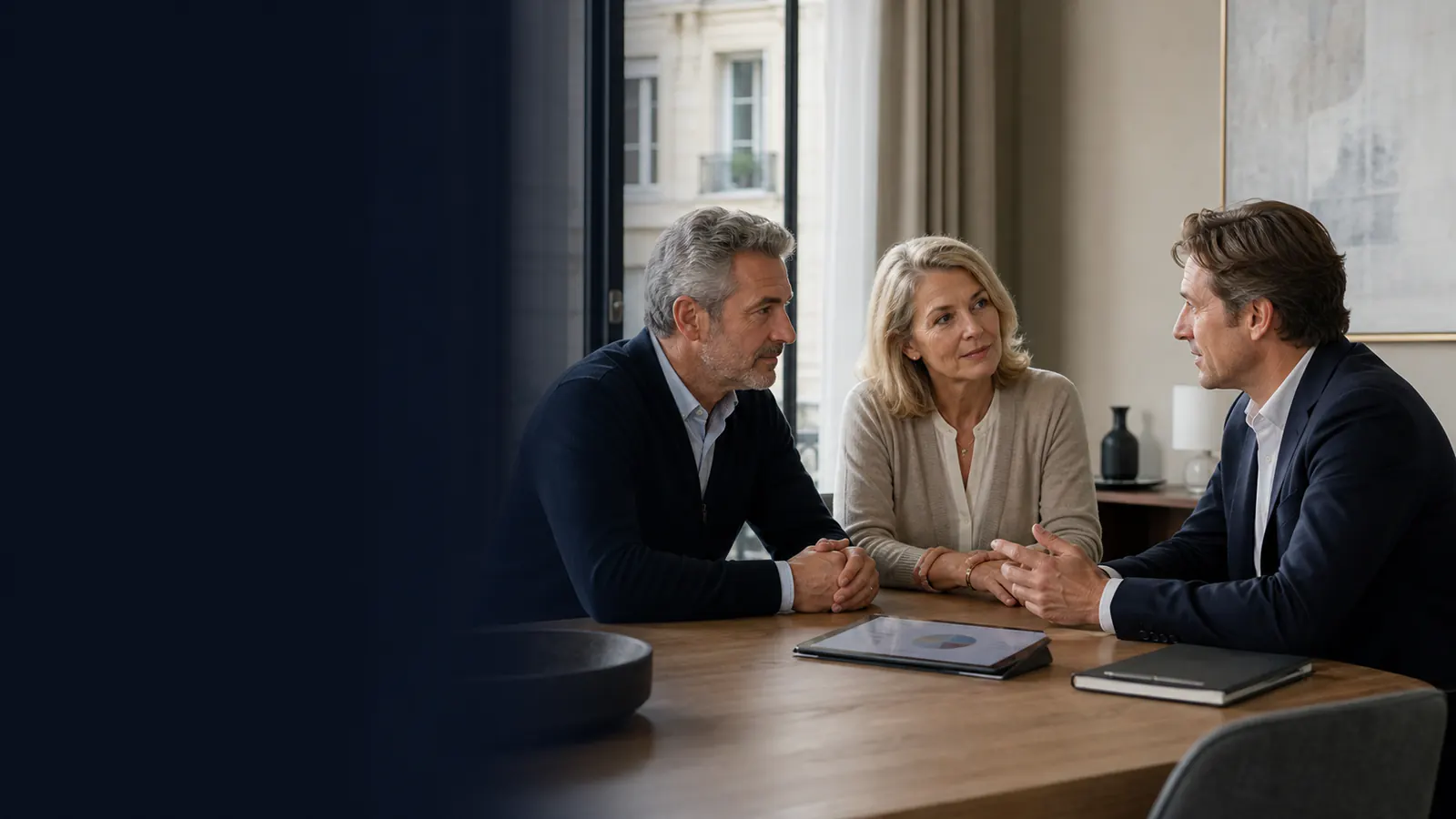 Un couple échange avec un conseiller patrimonial dans un bureau parisien.